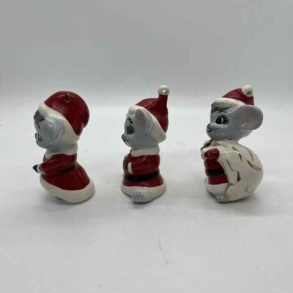 Vintage Hand Painted Ceramic Three Santa Mice Figurine Ornaments 3” Christmas - Picture 2 of 10